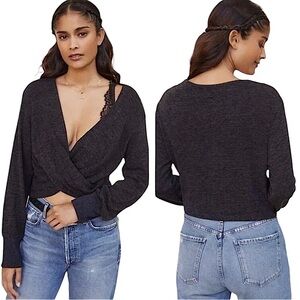 Anthropologie Faux Wrap Surplice Soft Slouchy Charcoal Gray Sweater Size M